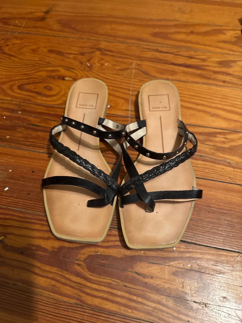 Dolce Vita Jessa sandals w black braided straps & subtle gold studs